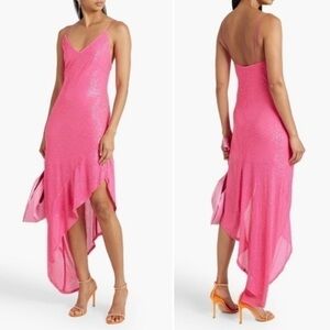 ROTATE Birger Christensen Asymmetric Hem Hot Pink Stretchy Sequin Midi Dress